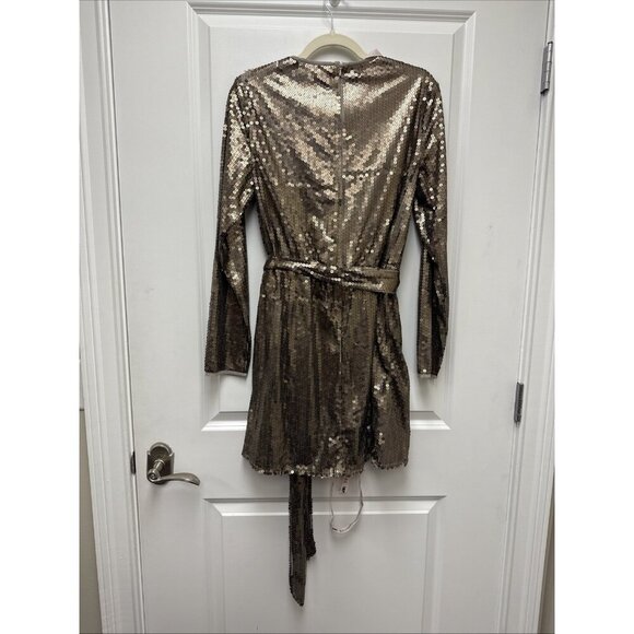 Mac Duggal Size 10 Taupe Sequin Embellish Long Sleeve Mini Cocktail Dress - Picture 5 of 8